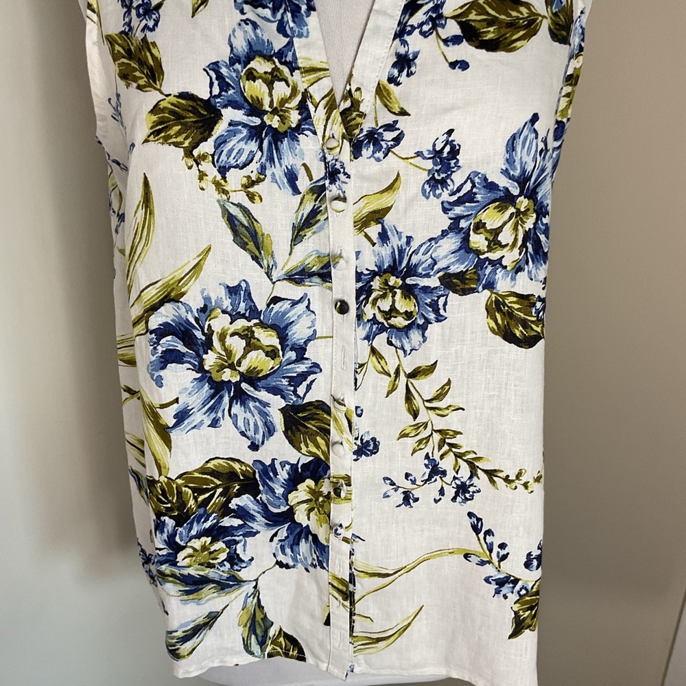 Joie Linen Sleeveless Floral Blouse Blue Green Summer Top Size Medium - Picture 4 of 6